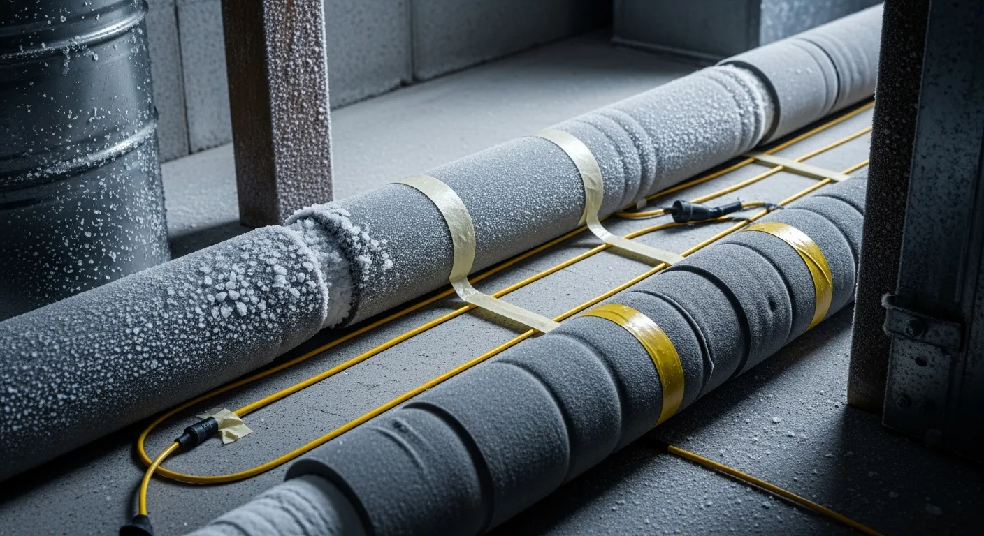 Foam pipe insulation and heat tape preventing frozen pipes in a garage