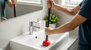 Person using a plunger to unclog a bathroom sink drain in a modern white bathroom
