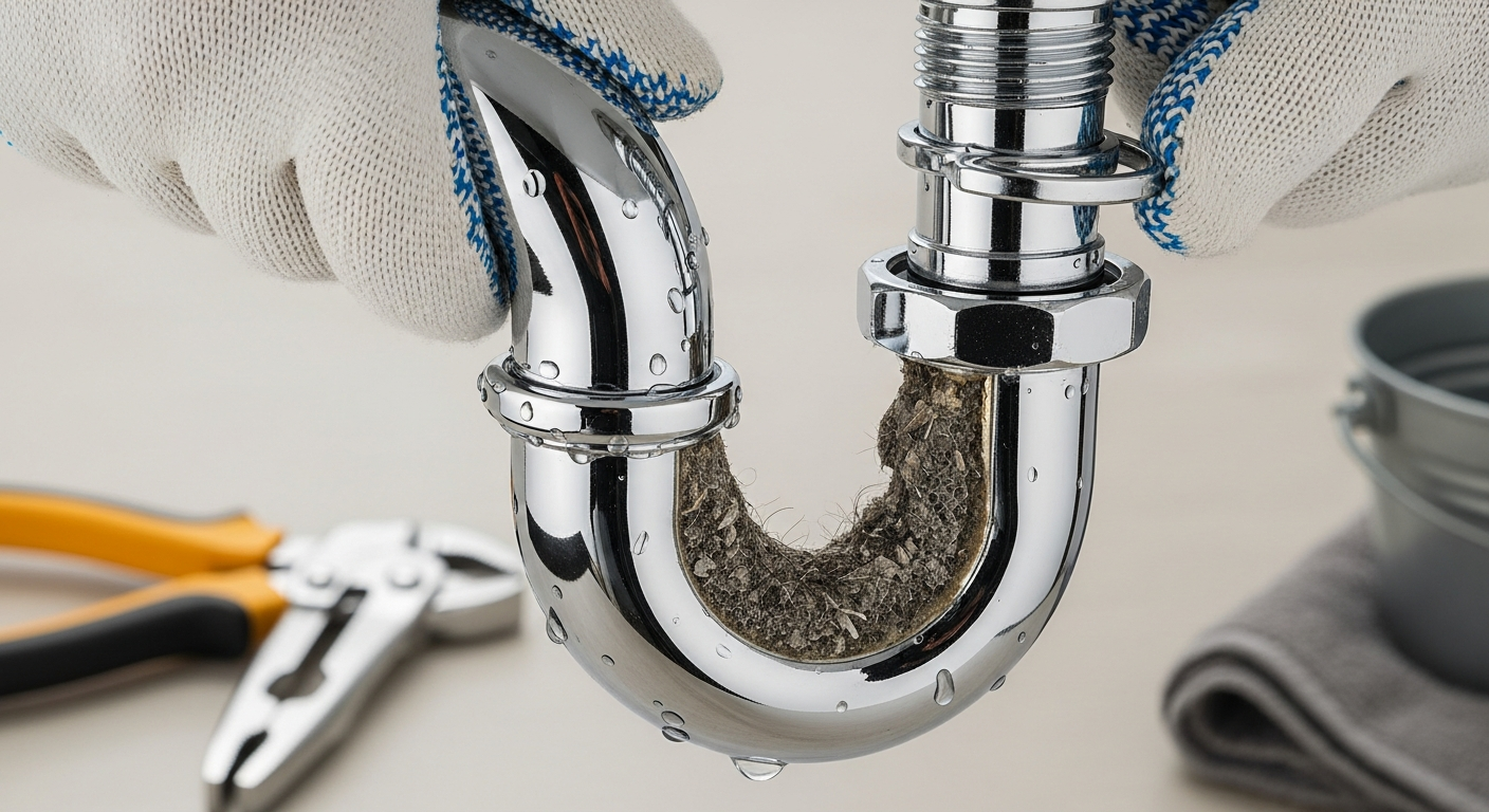 Removing and cleaning a bathroom sink P-trap pipe to clear a clogged drain