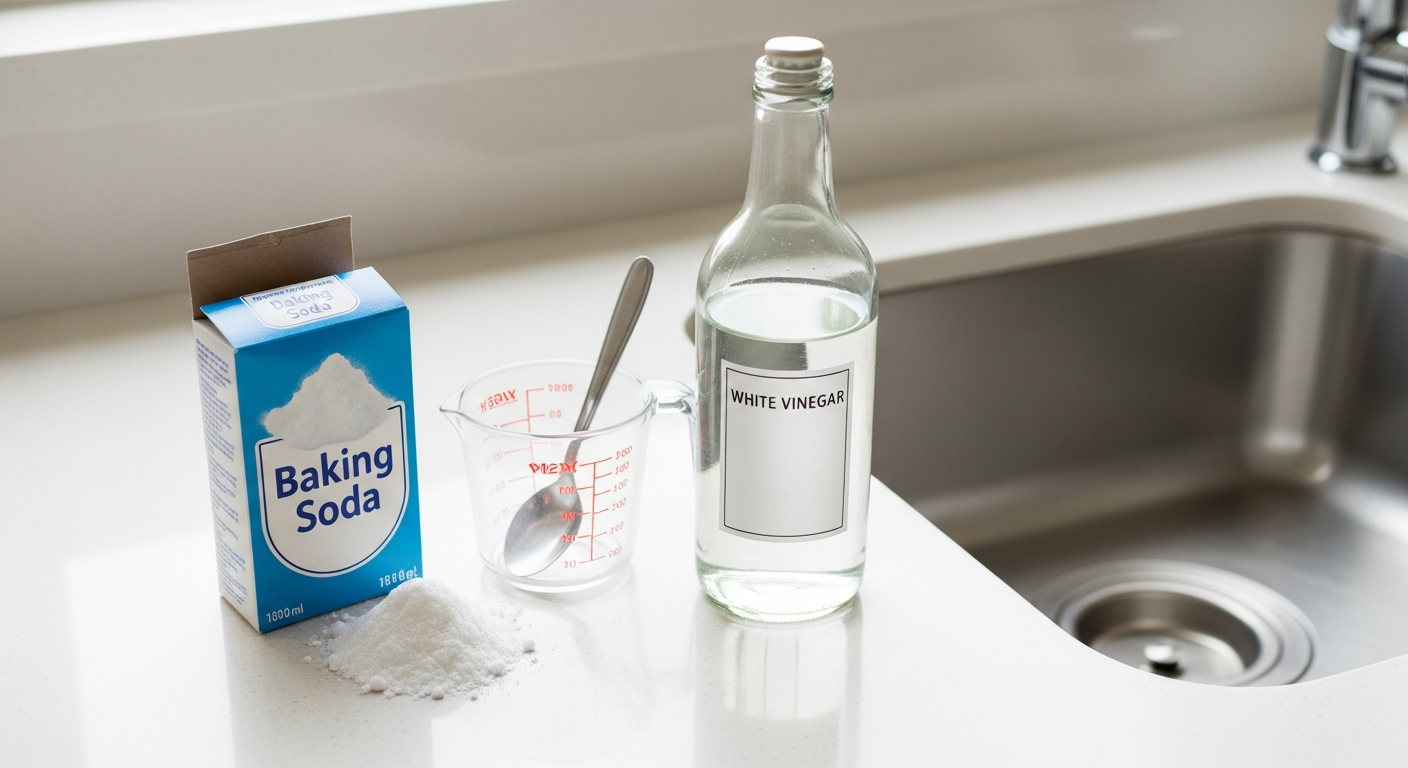 Baking soda and vinegar drain cleaning supplies on a kitchen counter