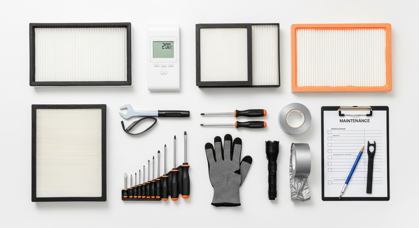 HVAC maintenance tools and checklist supplies laid out for seasonal system inspection