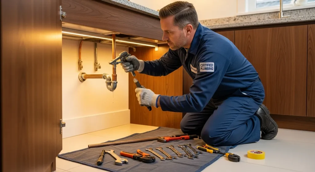 Professional plumber fixing a leaky pipe under a kitchen sink