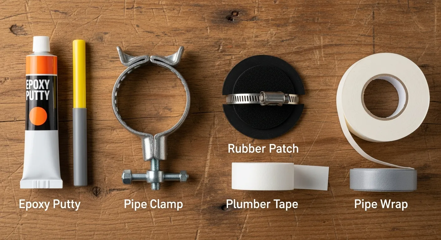 Pipe repair materials including epoxy putty, pipe clamp, rubber patch, and plumber tape