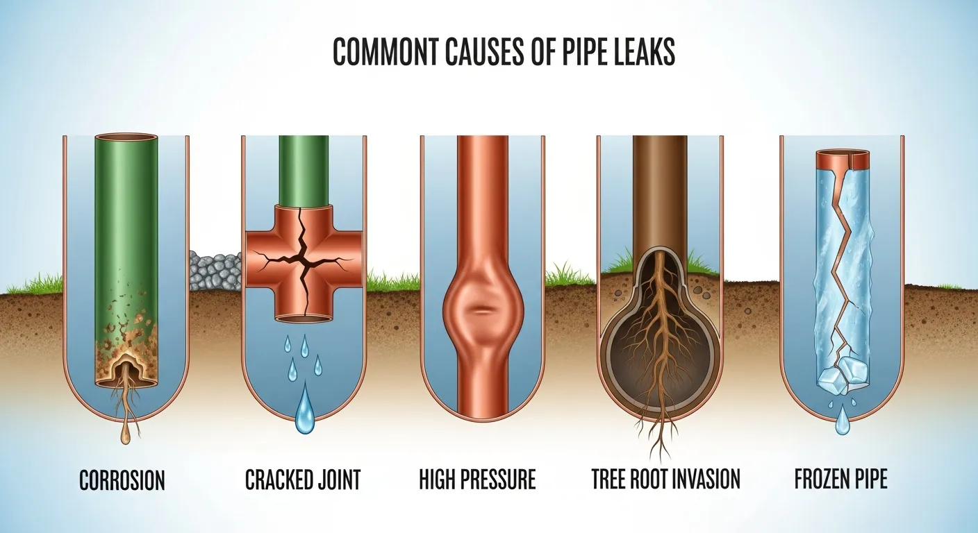 Cross-section illustration showing common causes of pipe leaks including corrosion and joint failure
