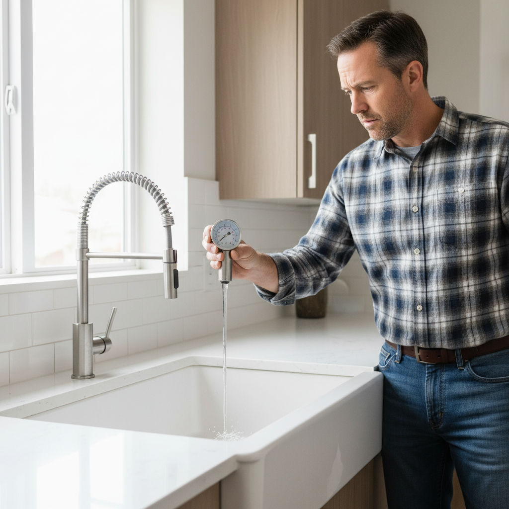 Homeowner testing low water pressure at a kitchen sink faucet