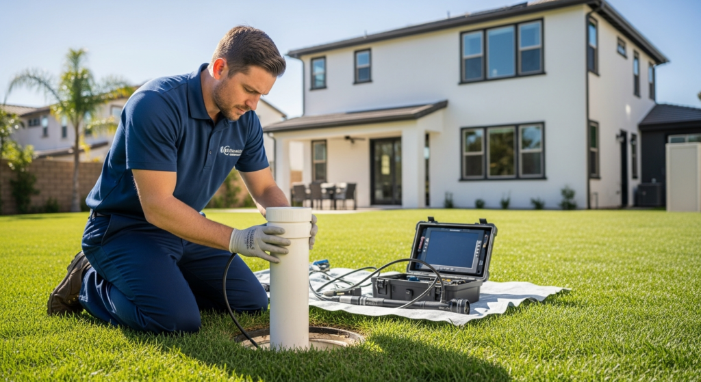 Plumber inspecting a main sewer line cleanout at a residential property in Orange County