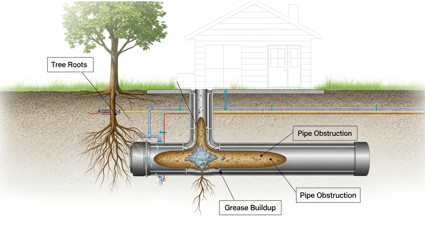 Cross-section illustration showing common causes of main sewer line clogs including tree root intrusion and grease buildup