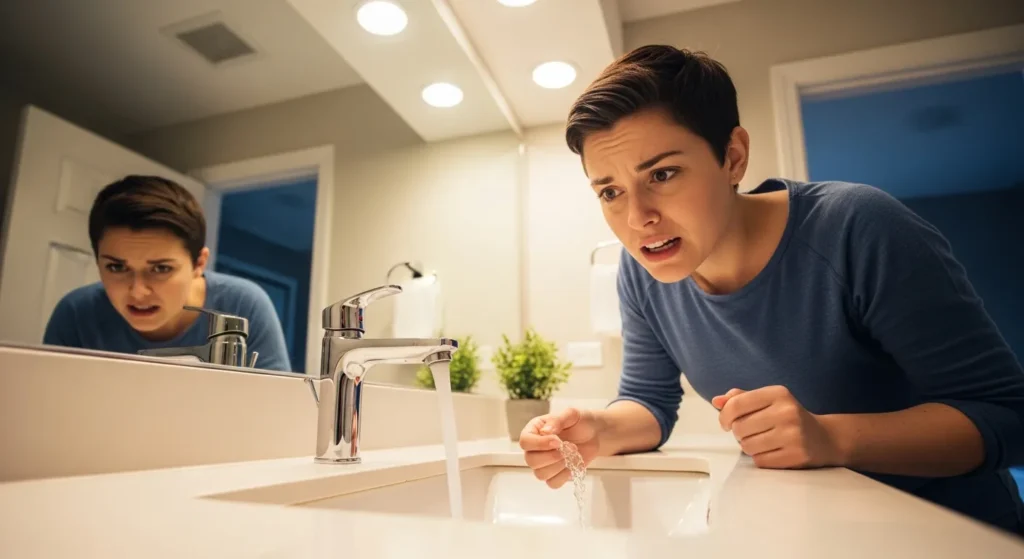 Homeowner with no hot water checking a faucet that runs only cold water