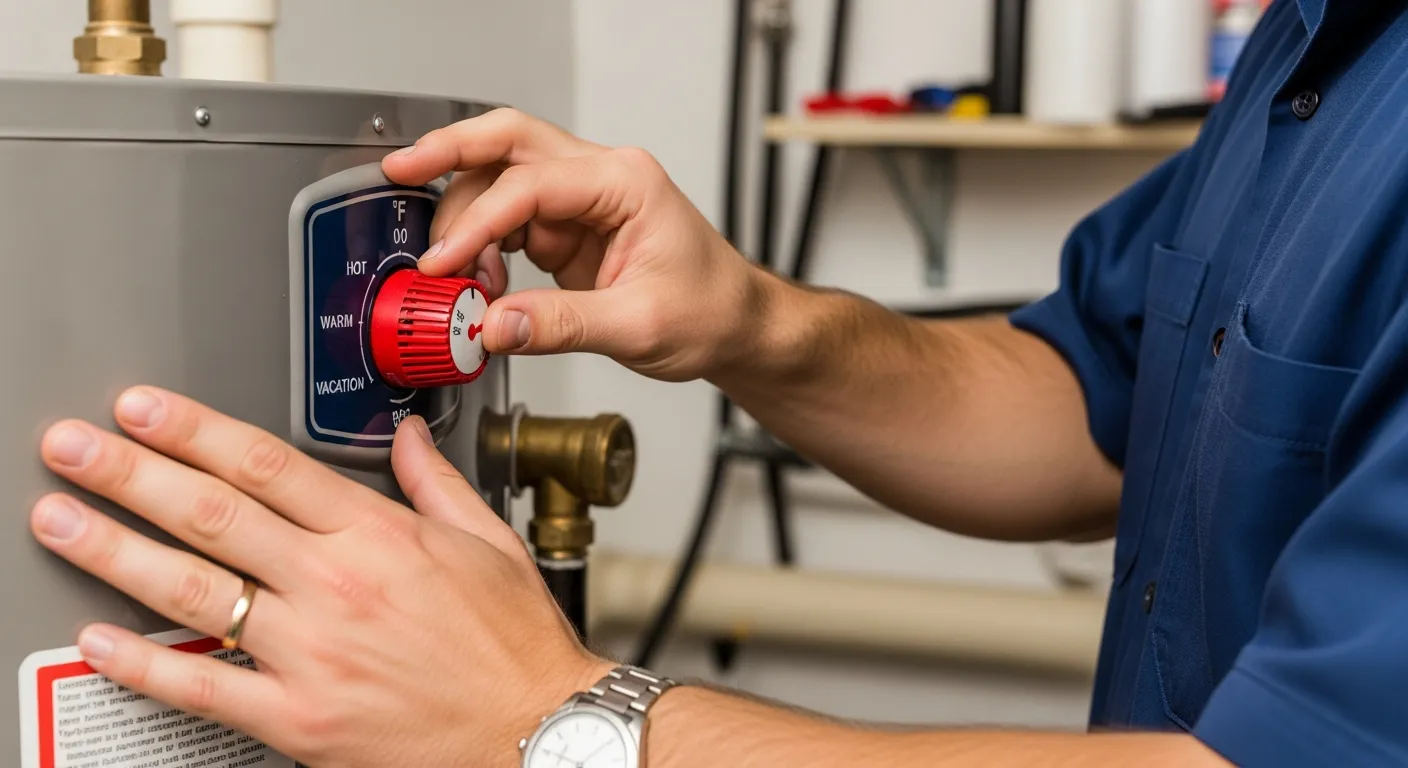 Licensed plumber inspecting a water heater thermostat for no hot water troubleshooting
