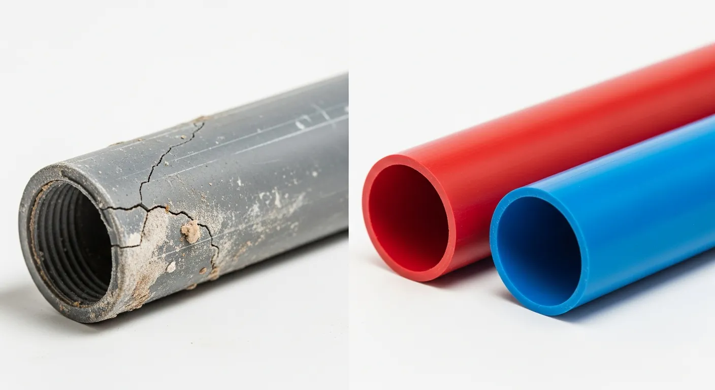 Comparison of old gray polybutylene pipe versus new PEX piping used in modern repiping projects