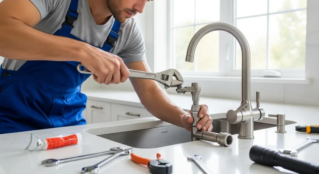 Professional plumber showing how to replace a kitchen faucet with wrench under sink