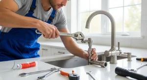 Professional plumber showing how to replace a kitchen faucet with wrench under sink