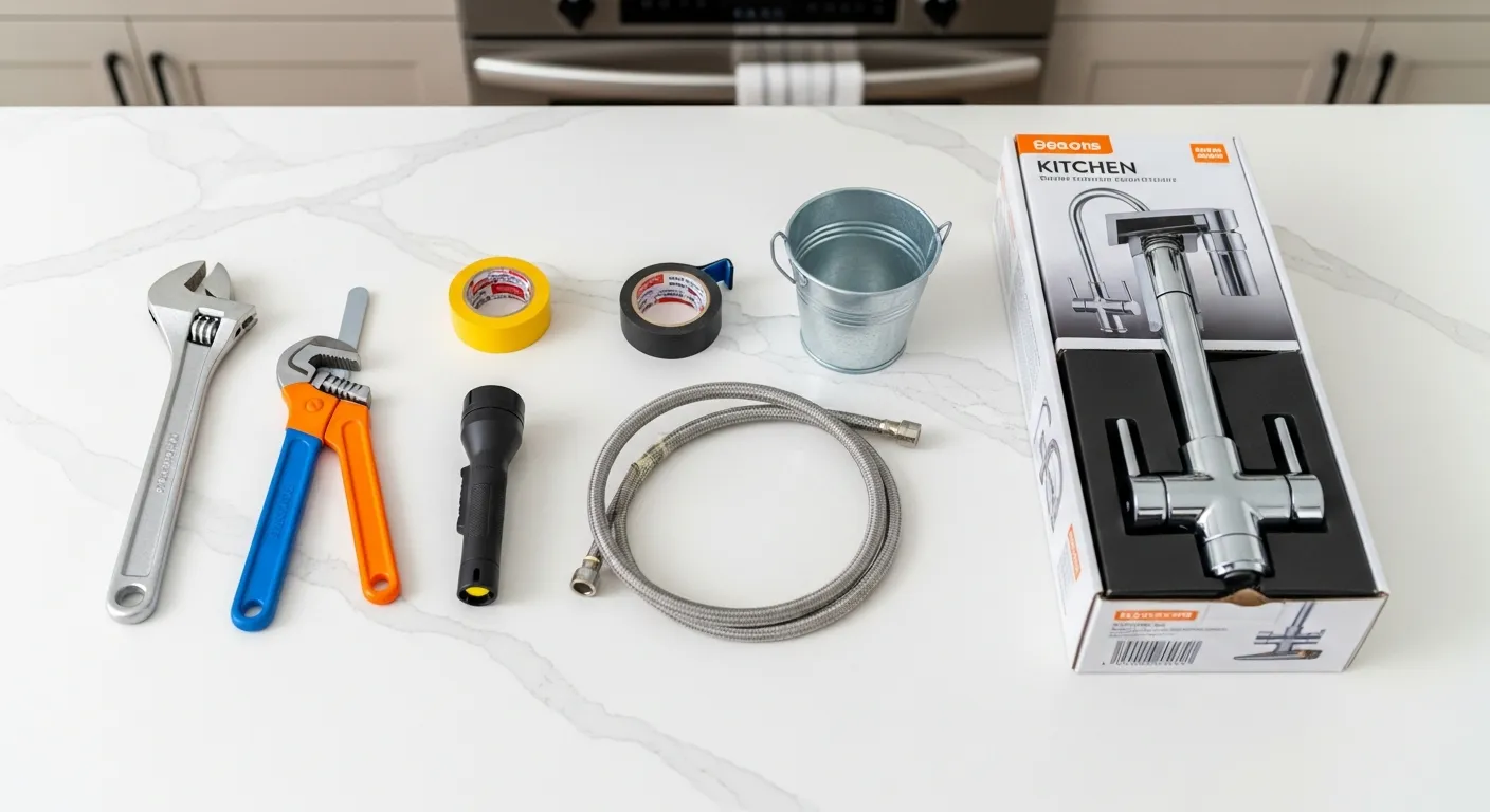 Tools needed to replace a kitchen faucet laid out on countertop including wrench and supply lines