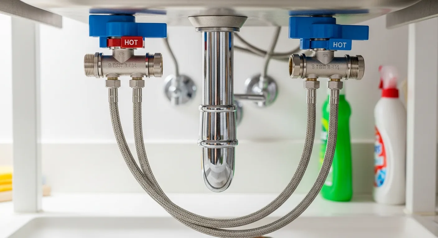 Under sink water supply line connections during kitchen faucet replacement showing shutoff valves
