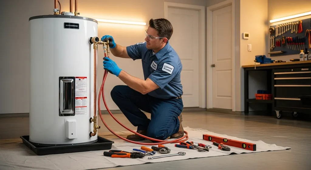 Licensed plumber performing same-day water heater installation in a residential garage