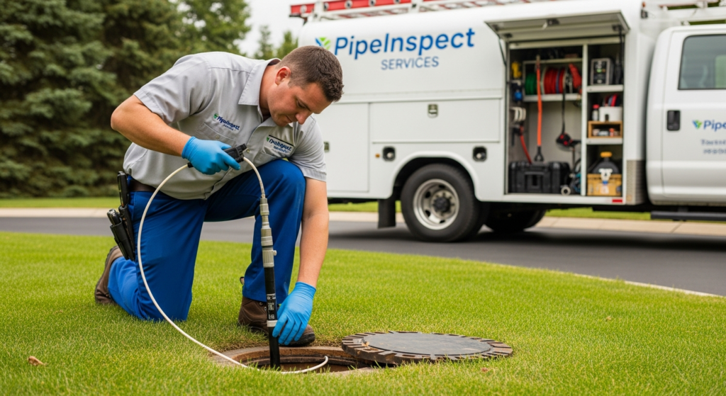 Professional plumber performing a sewer camera inspection on a residential sewer line