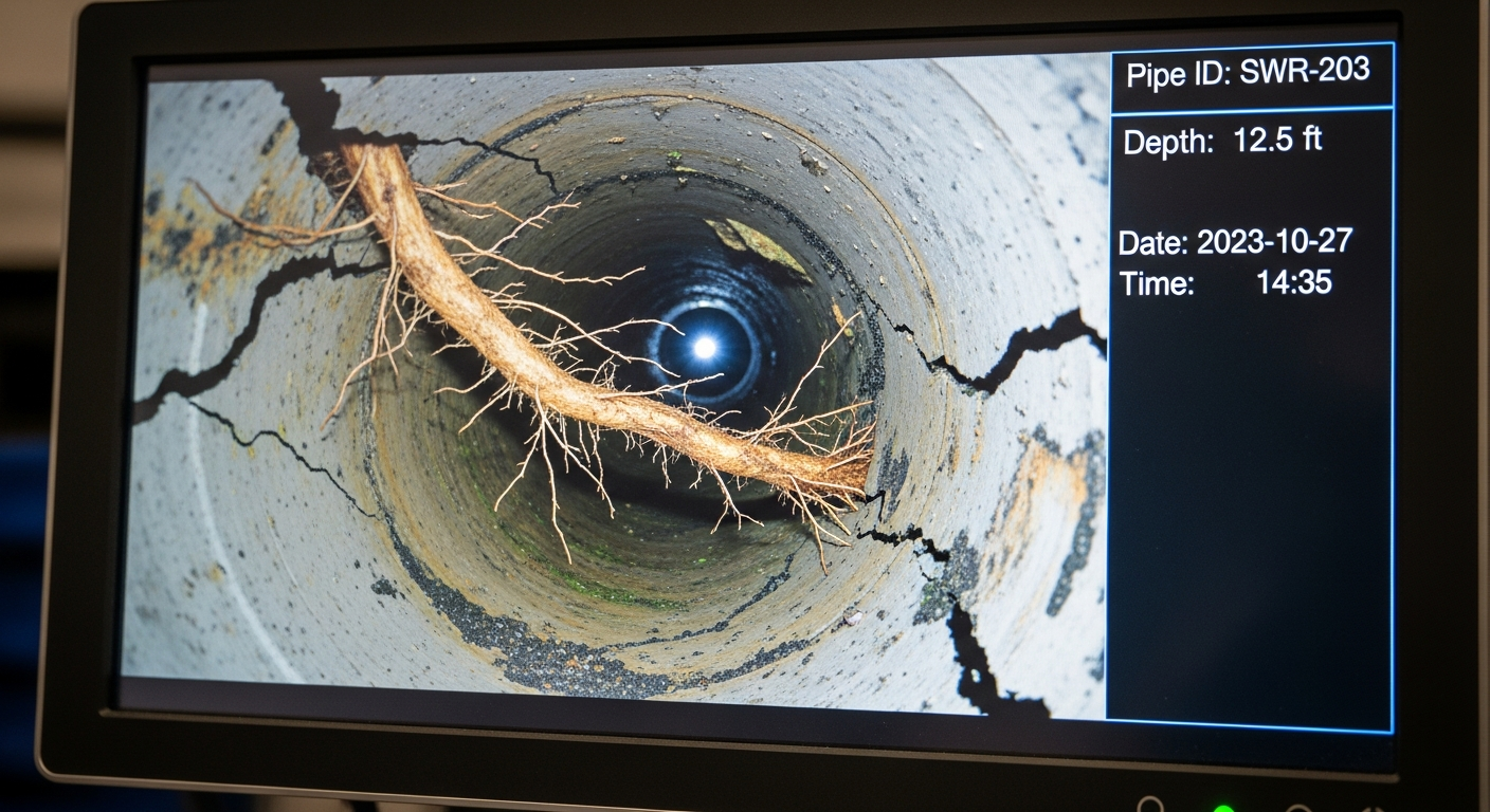 Sewer camera inspection monitor showing tree root intrusion inside a pipe