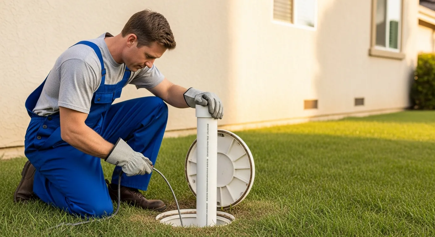 Plumber accessing a sewer cleanout pipe on an Orange County residential property
