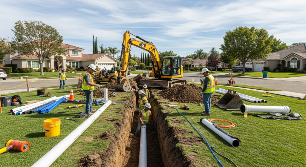 Sewer line replacement project showing new pipe being installed in a residential yard