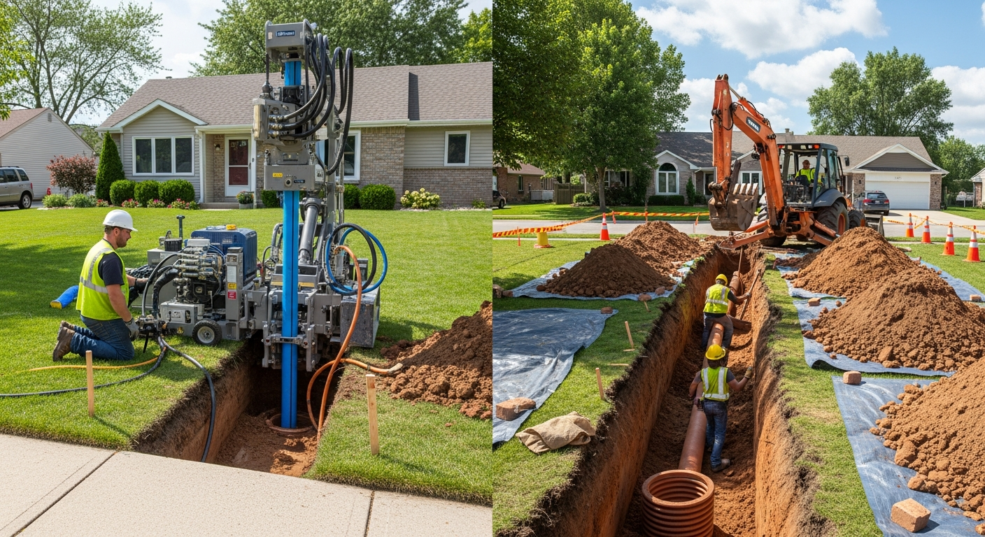 Comparison of trenchless pipe bursting versus traditional open-trench sewer line replacement methods