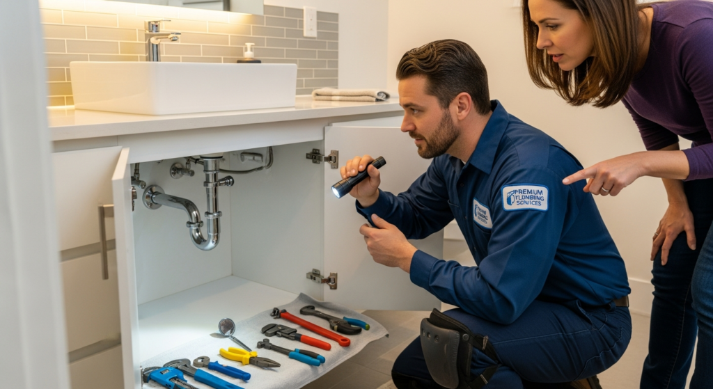 Licensed plumber inspecting drain pipes to diagnose sewer smell in house