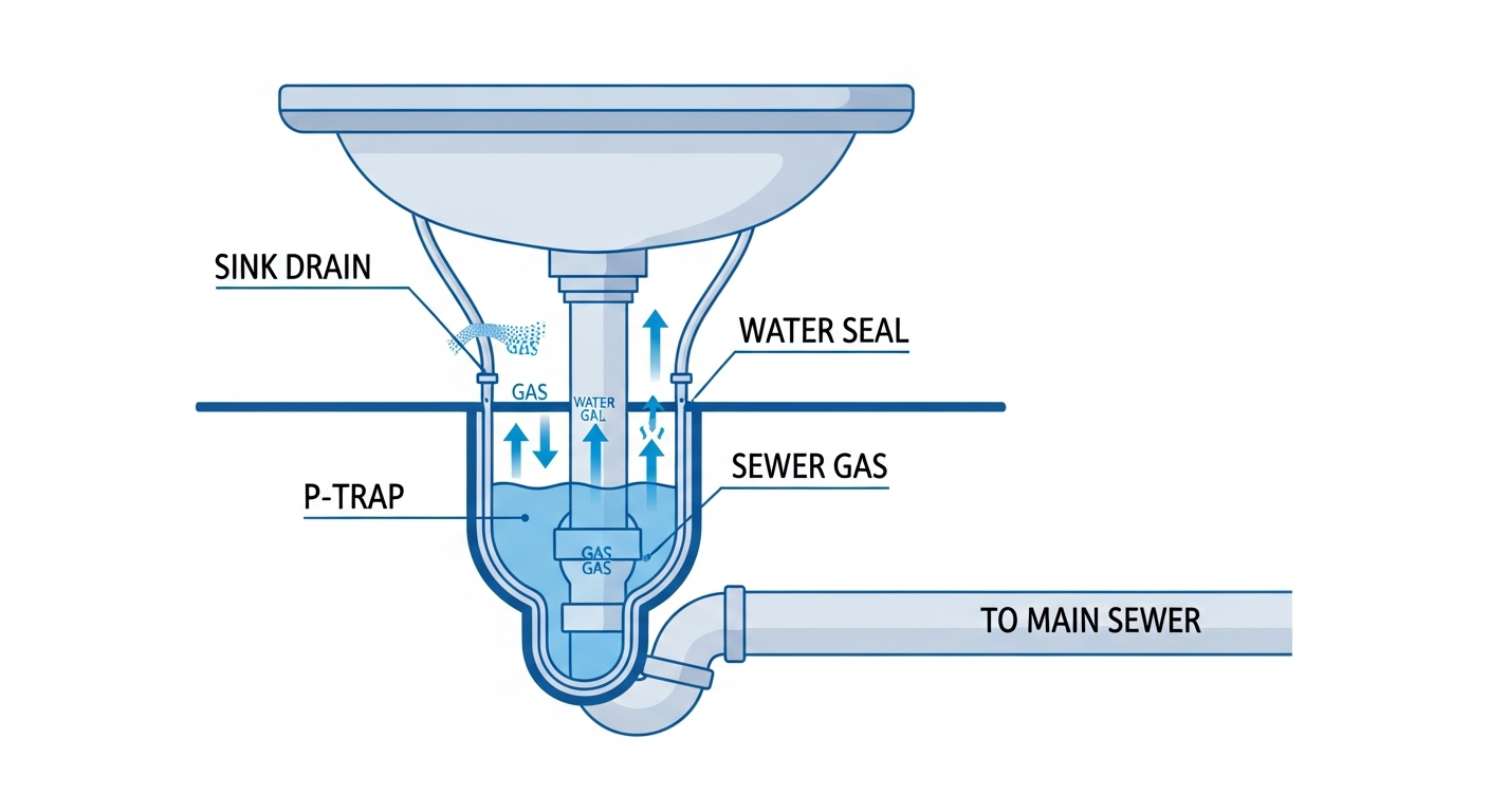 Diagram showing how a P-trap water seal blocks sewer gas from entering your home