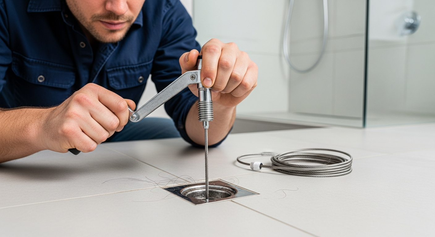 Using a drain snake to unclog a shower drain