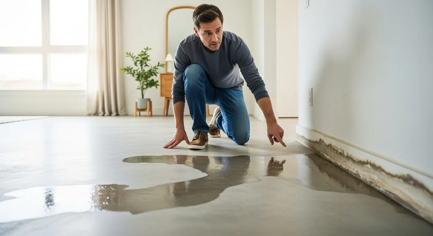 Wet spot on a concrete floor caused by a slab leak beneath the foundation