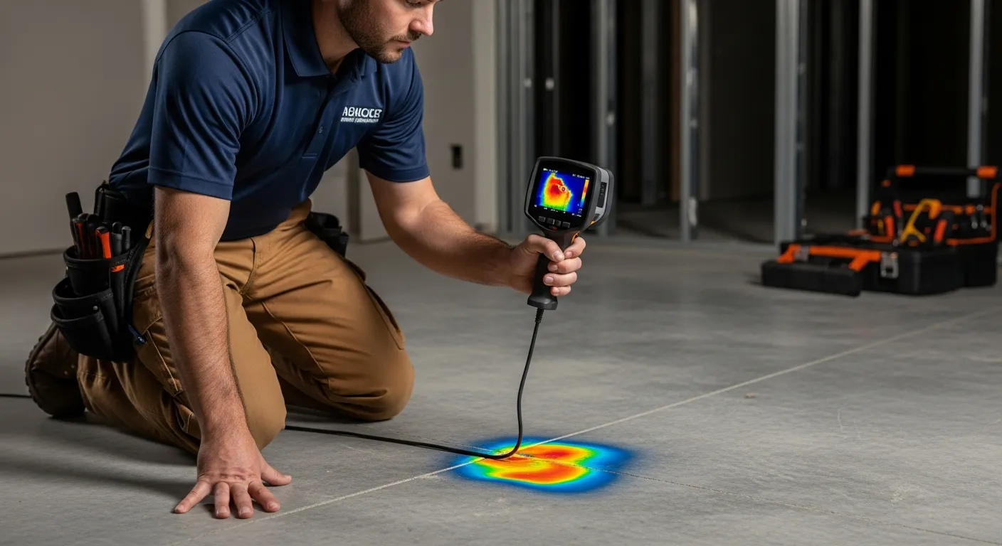 Professional plumber using thermal imaging equipment for slab leak detection on concrete floor