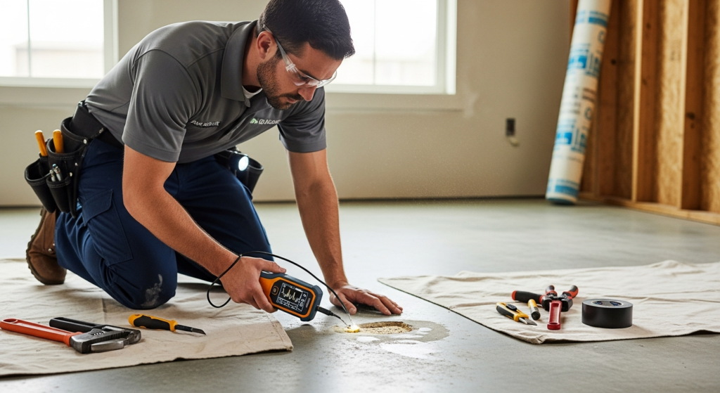 Professional plumber using electronic equipment to detect a slab leak under a concrete foundation