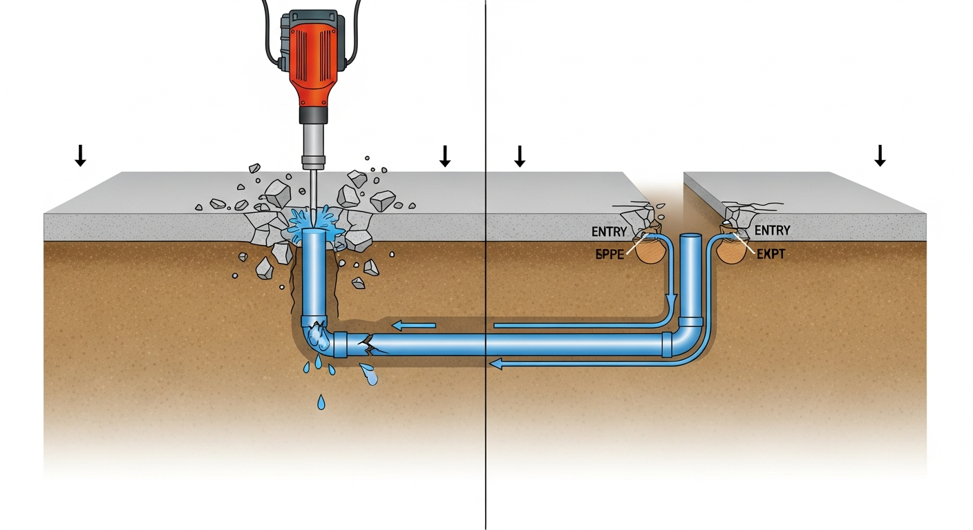 Comparison of traditional slab leak repair methods versus modern trenchless pipe reroute techniques