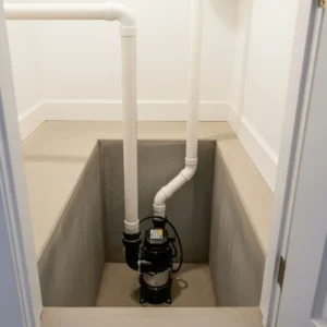 Submersible sump pump installed in a concrete sump pit in a Southern California home basement
