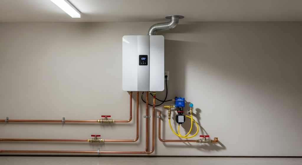 Tankless water heater installation cost - wall-mounted unit with professional plumbing connections