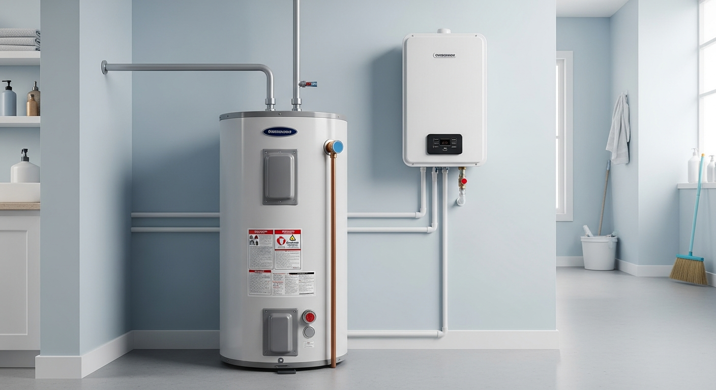 Tank vs tankless water heater comparison in residential utility room