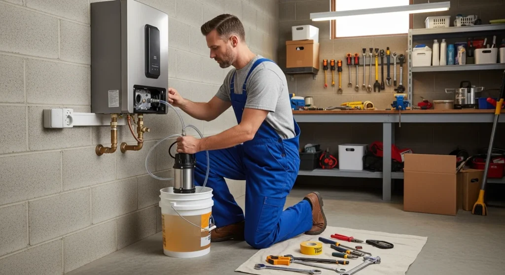 Professional plumber performing tankless water heater maintenance and descaling service