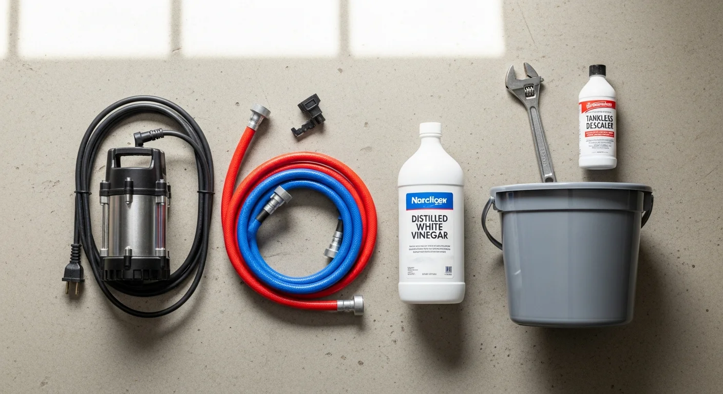 Tankless water heater maintenance tools including submersible pump, hoses, bucket, white vinegar, and wrench