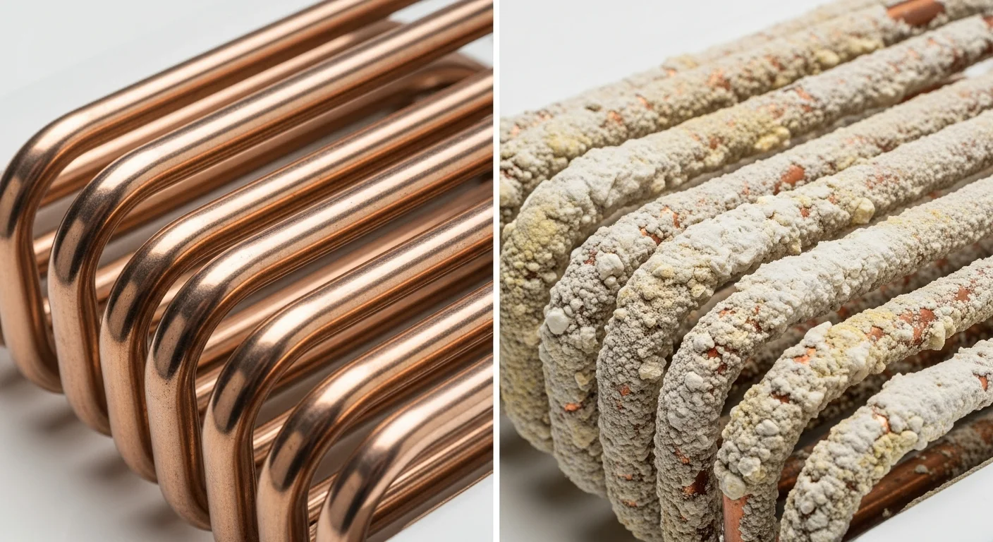 Clean tankless water heater heat exchanger versus one with mineral scale buildup comparison