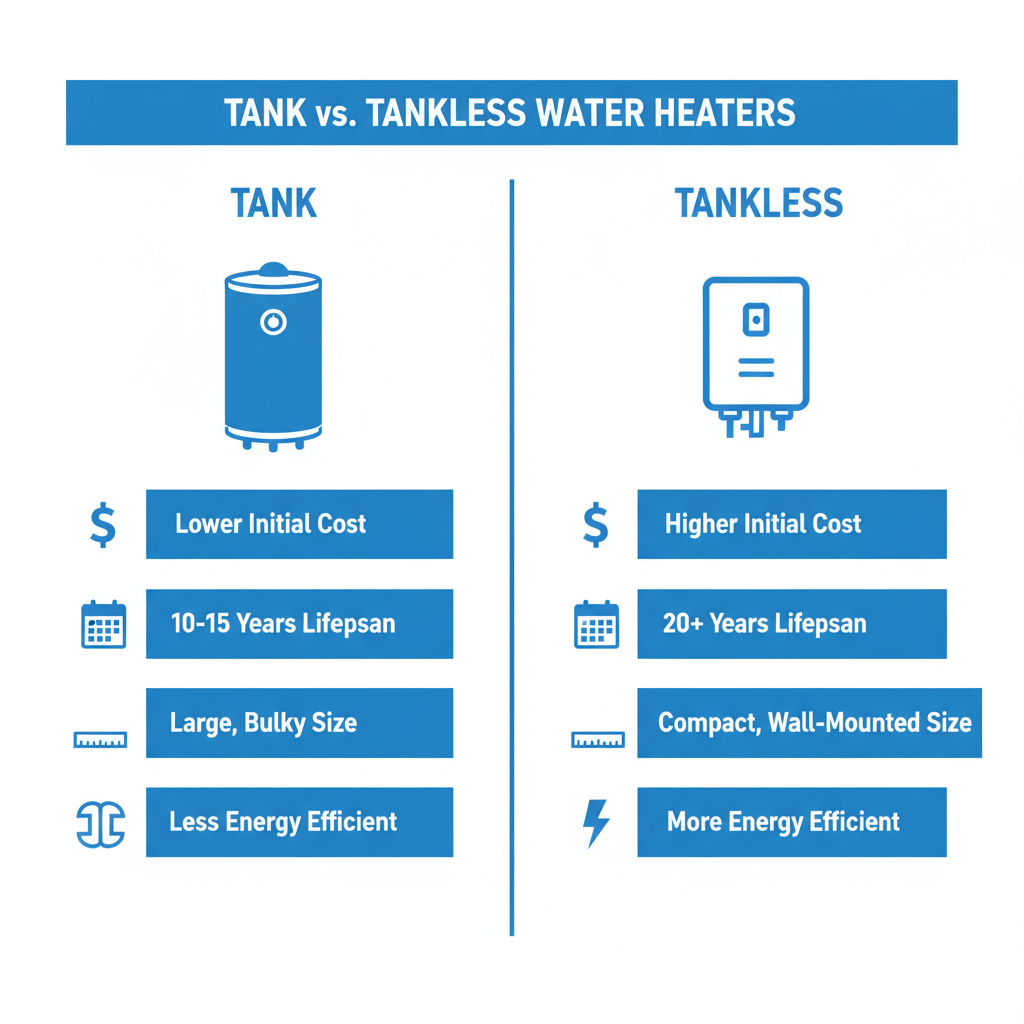 Infographic comparing tankless water heater vs tank water heater features including cost, lifespan, size, and energy efficiency