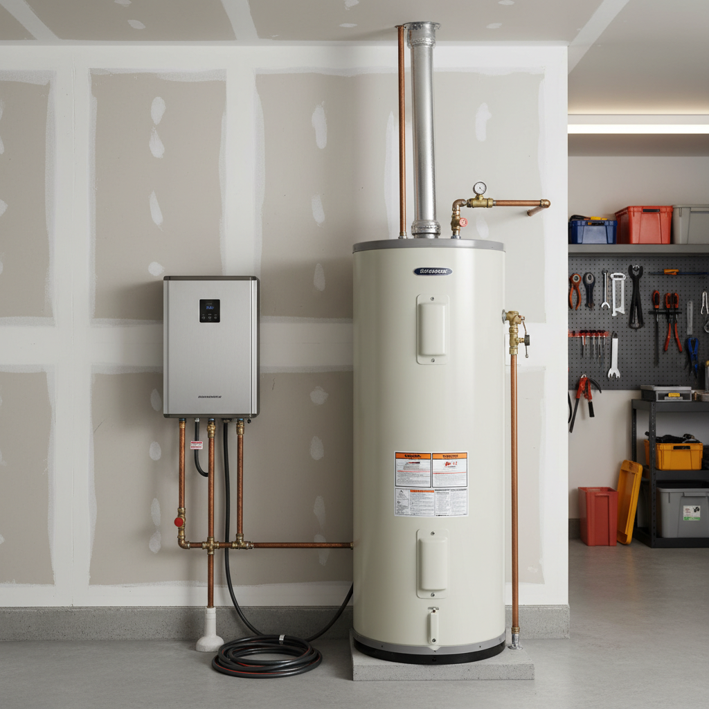 Side-by-side comparison of a tankless water heater and a traditional tank water heater in a residential garage