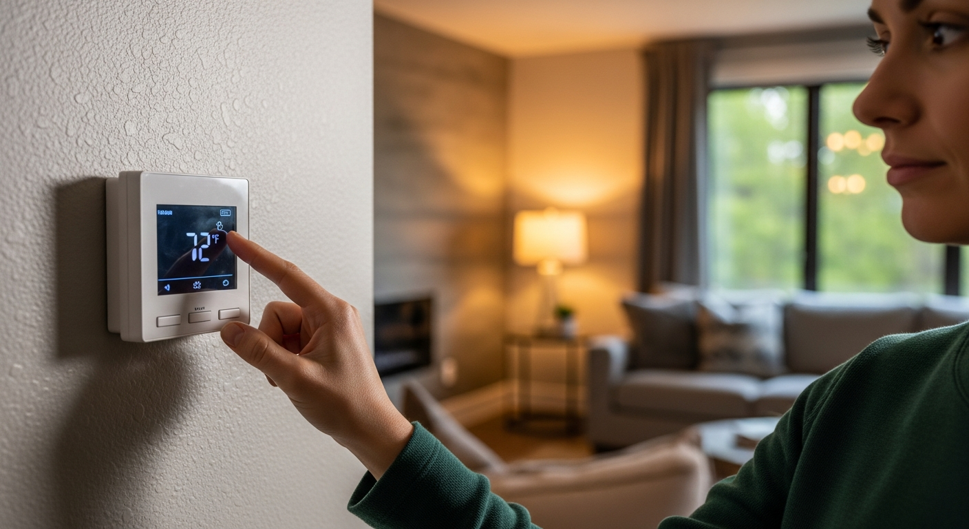 Homeowner troubleshooting thermostat not working by checking settings on wall-mounted digital thermostat