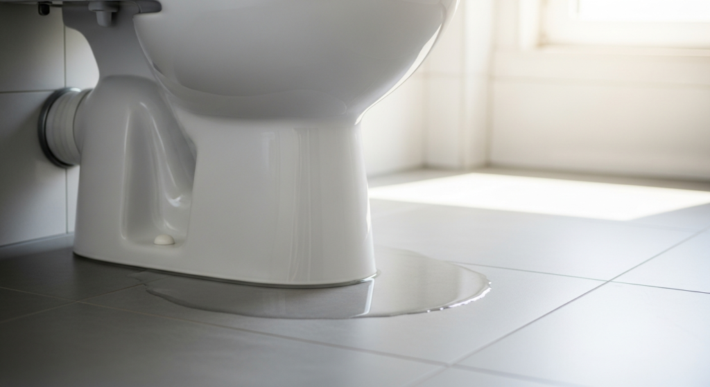 Toilet leaking at base with water puddle on bathroom tile floor