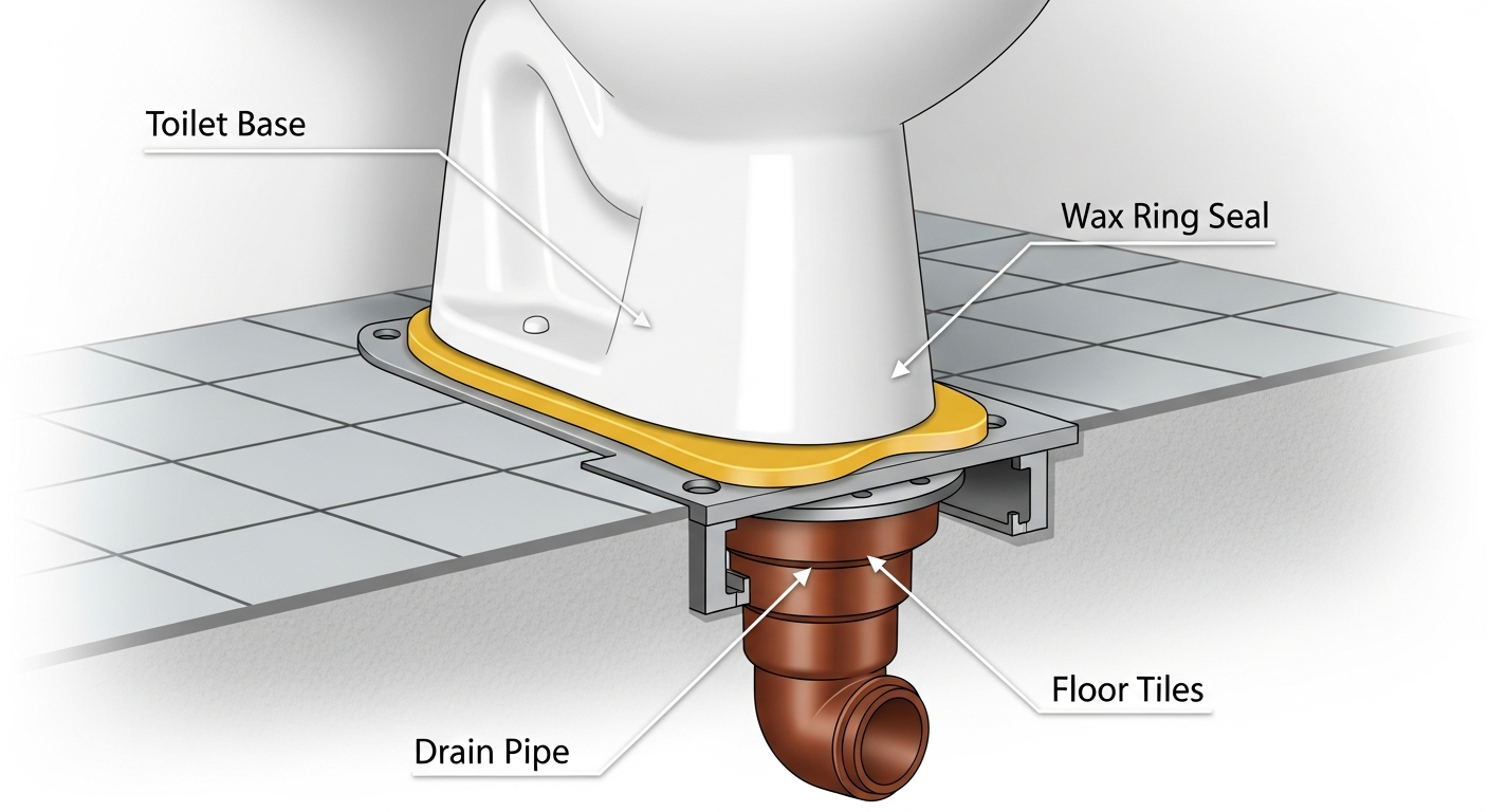 Cross-section diagram showing toilet wax ring seal between toilet base and floor flange