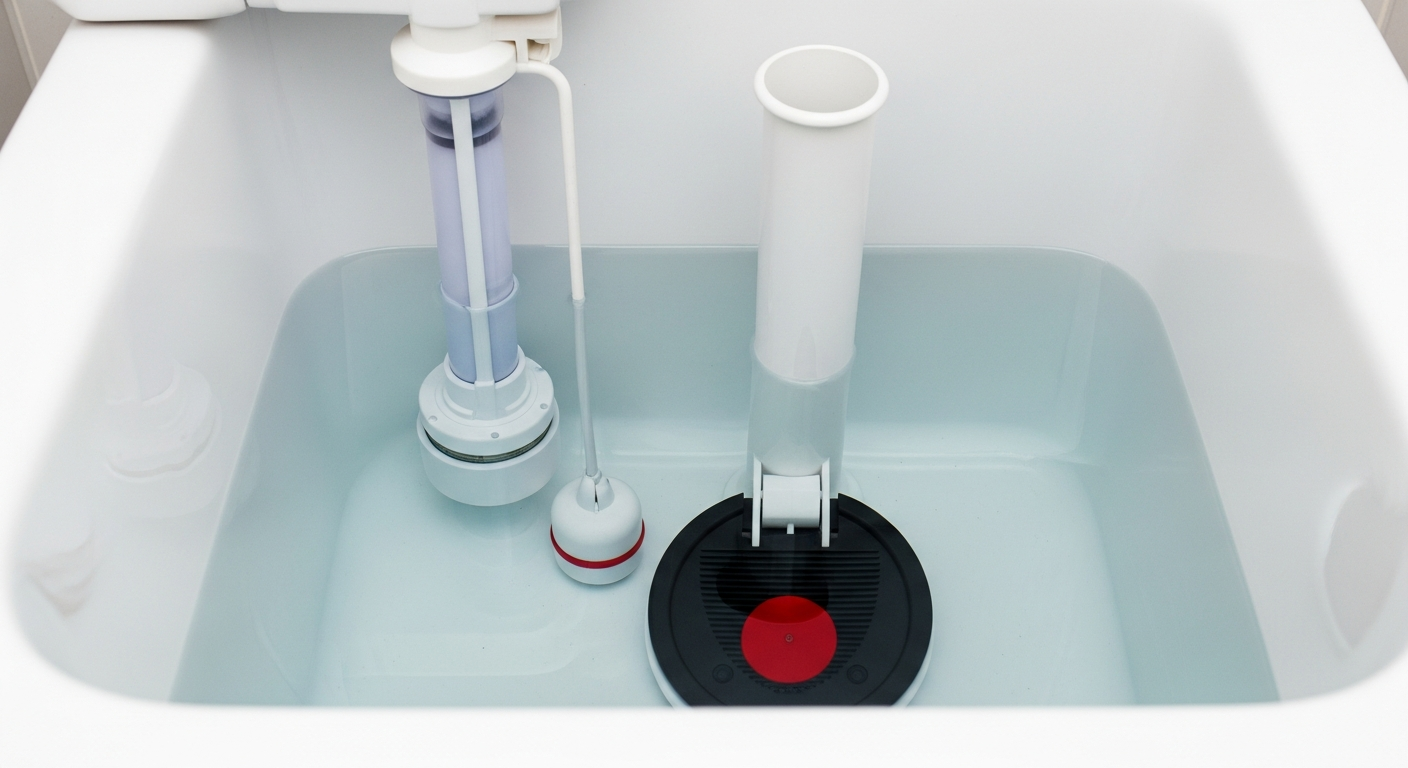 Inside a toilet tank showing the flapper valve, fill valve, and overflow tube