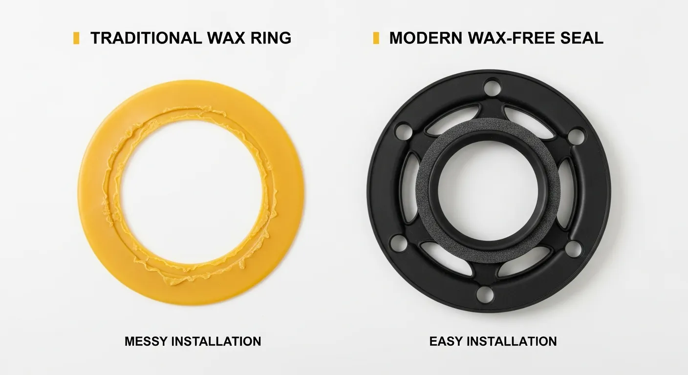 Comparison of a traditional wax ring and a modern wax-free toilet seal for toilet installation