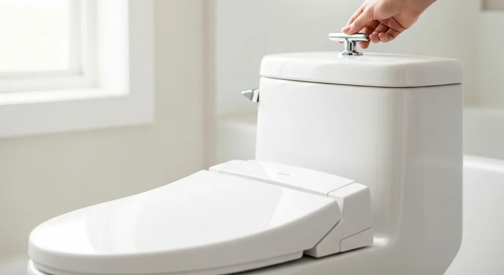 Homeowner pressing flush handle on white toilet that won't flush in a modern bathroom