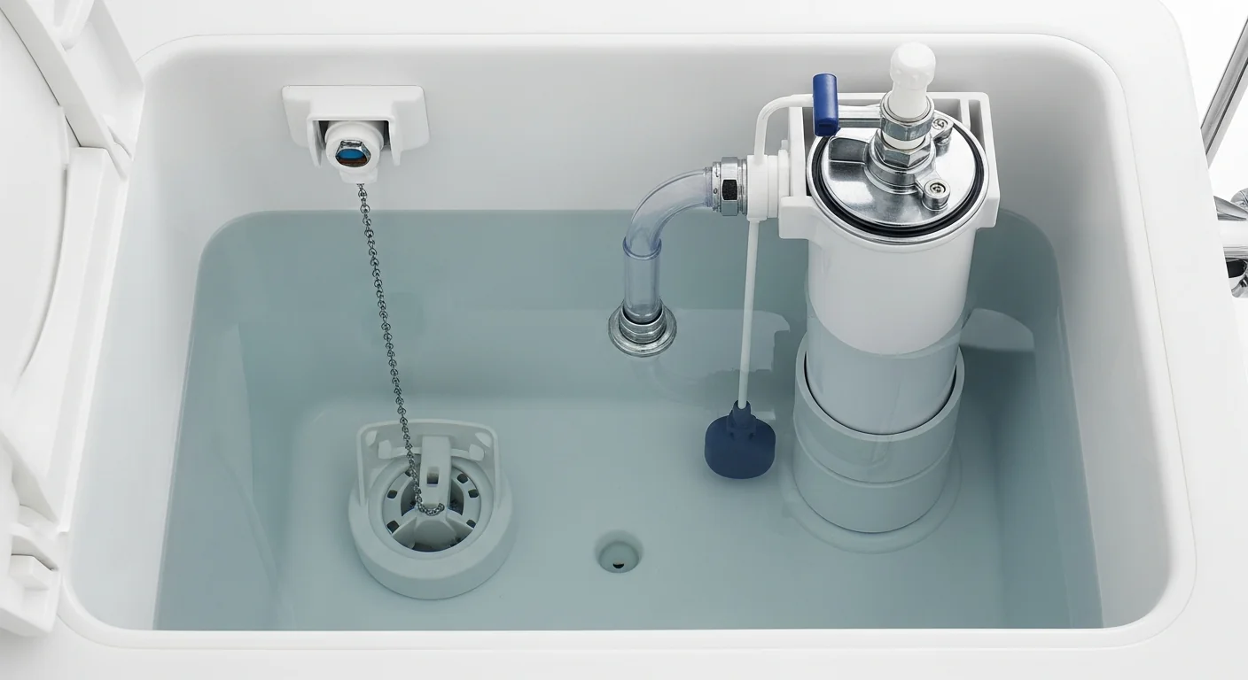 Inside of a toilet tank showing the flush mechanism including flapper valve, fill valve, float, lift chain, and overflow tube