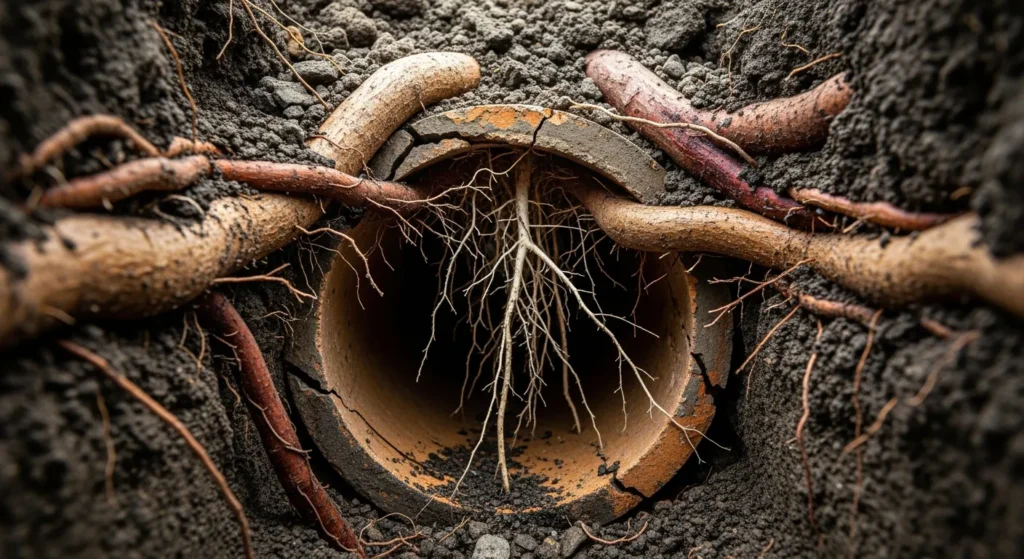 Tree roots growing into a cracked sewer line pipe underground showing root intrusion damage