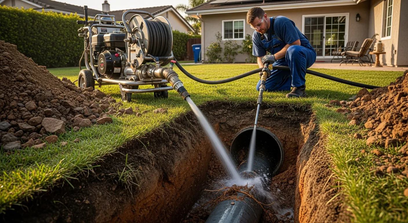 Plumber using hydro jetting equipment to remove tree roots from a sewer line in Orange County