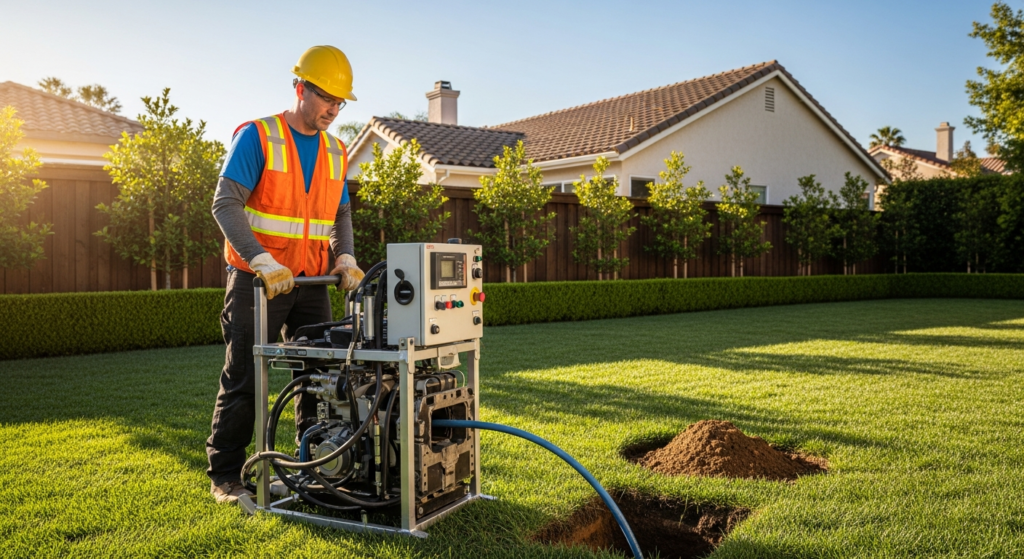 Professional plumber performing trenchless sewer repair using pipe bursting equipment in a residential yard