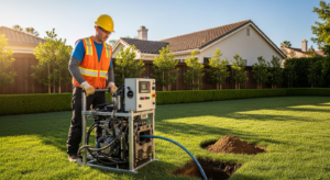 Professional plumber performing trenchless sewer repair using pipe bursting equipment in a residential yard